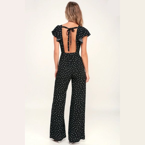 lulus Fine Print Black and White Print Backless Jumpsuit Size M - Picture 3 of 3